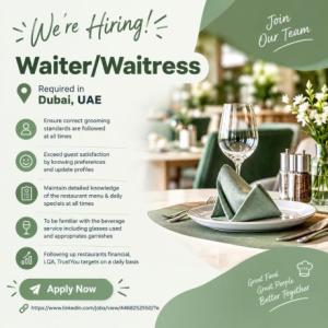 Waiter/Waitress Required in Dubai