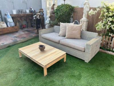 Outdoor rattan sofa with cushions and wooden table